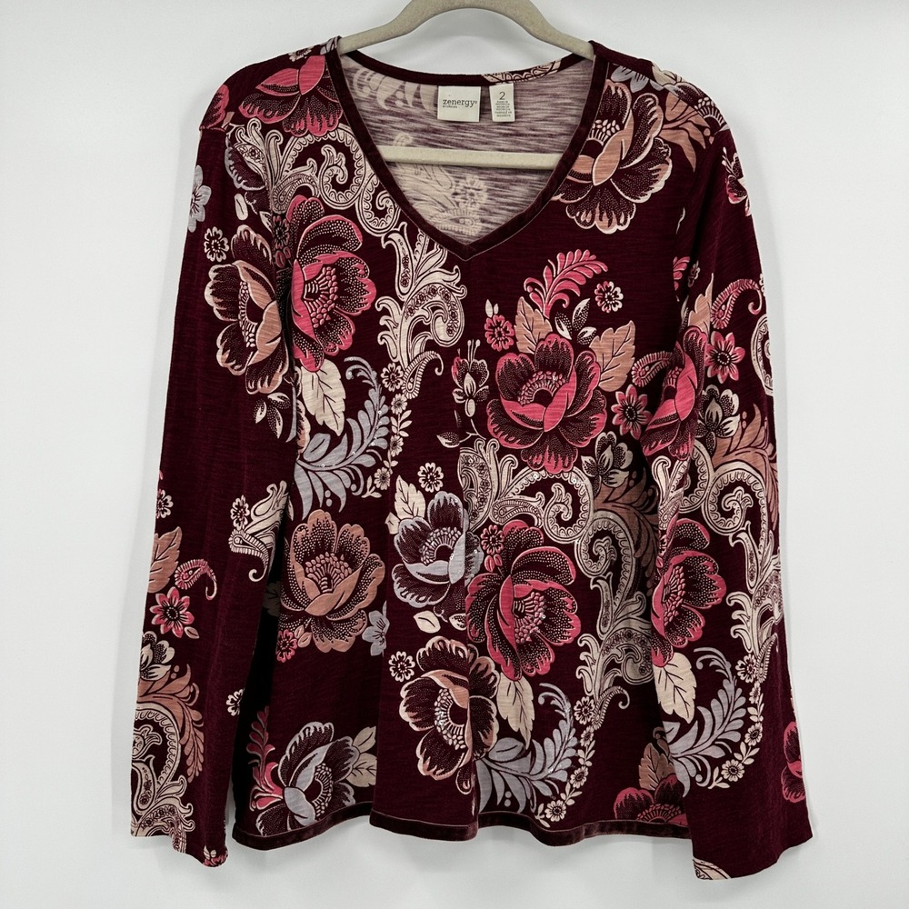 Zenergy‎ by Chicos Size 2 Large Burgundy Floral Paisley Sequin V-Neck Top Velvet